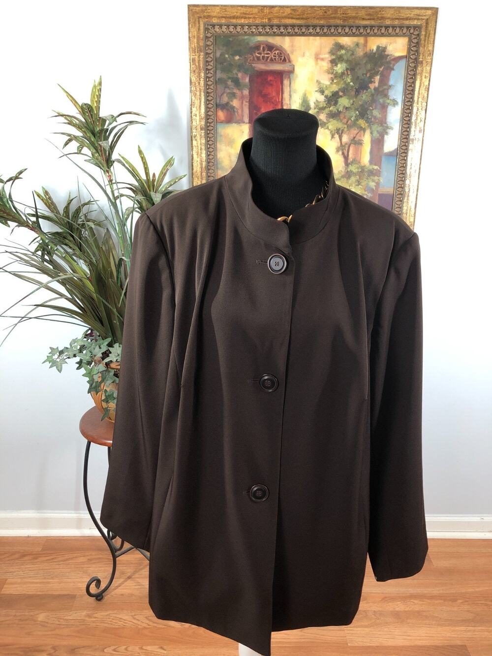 NYP Suite Blazer Jacket Women's 20W Brown Mandarin Collar Minimalist Stretch